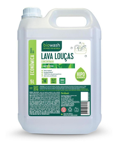 Detergente Lava Louças Capim Limão Biodegradável Biowash 5l