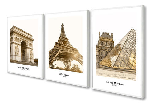 Kit Quadros Decorativos Cidade Paris Museu Louvre Torre Arco