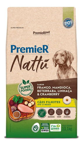 Ração Premier Nattu Cães Filhotes Frango E Mandioca 10,1kg