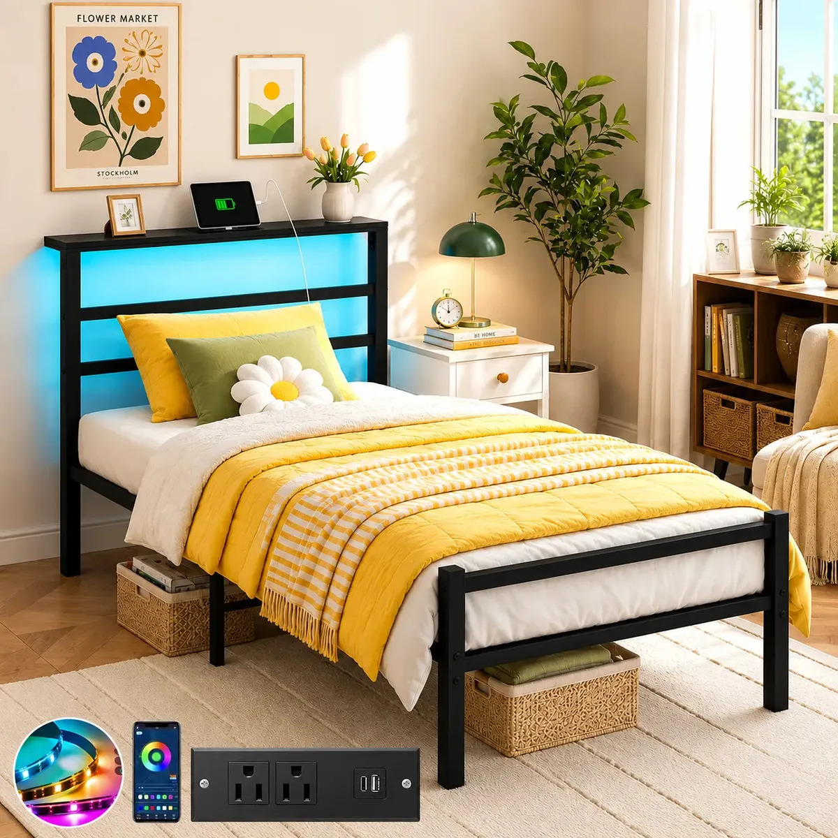 Furrific Base Cama Individual Metal 99x197x31cm, Cabecero Madera con Almacenamiento, Estructura Acero Carbono, Luces RGB LED y Estación de Carga, Max 400kg