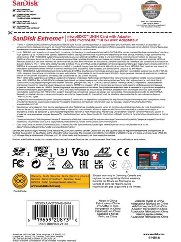 Tarjeta De Memoria Sandisk Extreme Microsdxc Uhs-i De 2 Tb C
