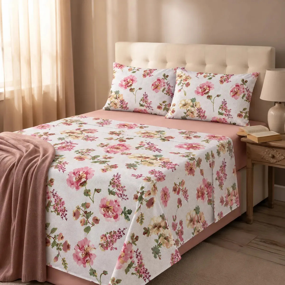 Jogo Lençóis De Cama Casal 4 Peças Algodão Estampado Percal Damas/rosa Estampados Para