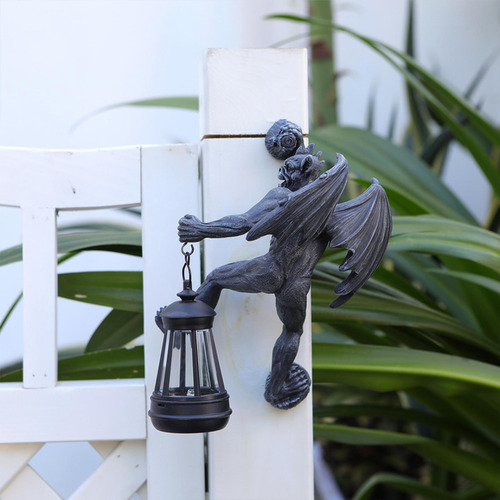 Estátua De Gárgula Alada De Jardim Com Luz Solar Preto