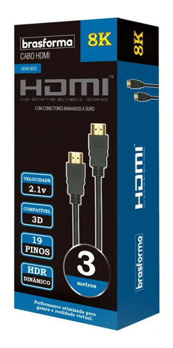 Cabo Hdmi 8k 2.1 3 Metros Ultra Hd Hdr Dinamico Pontas Gold