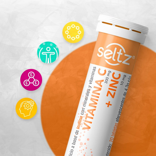 Zinc + Vitamina C Seltz Tabletas Efervescentes Sabor Durazno Y Maracuya