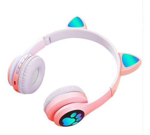 Audífonos Bluetooth Led De Orejas De Gato Para Niño Color Rosa