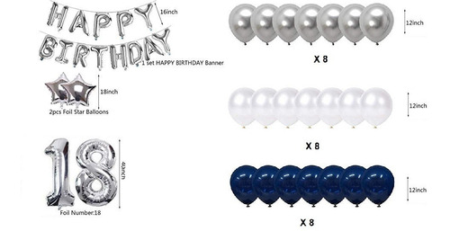 Combo Globos Feliz Cumple Happy Birthday Plata Azul 2