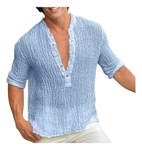 Blusa De Manga Corta Con Cuello Alto Y Botones Lisos Para Ho