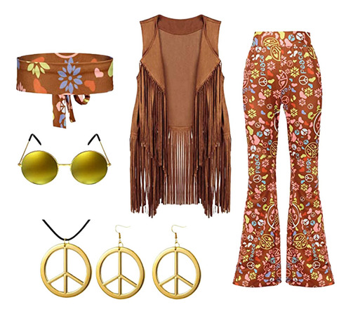 Conjunto De Disfraz De Hippie, Chaleco Con Borlas,