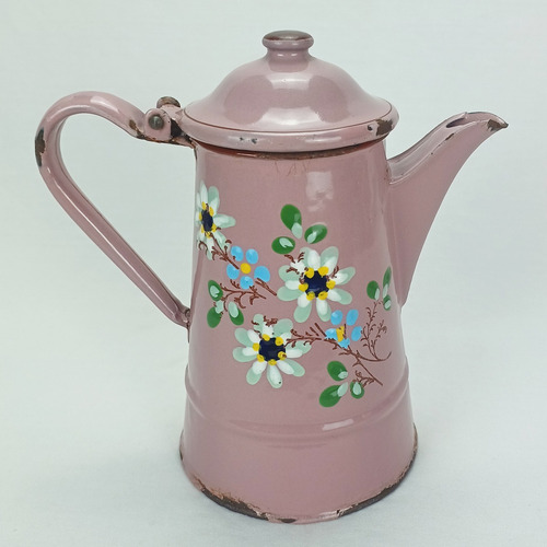 Bule Antigo Ferro Esmaltado Ágata Rosa Flores Raridade! (Usado)