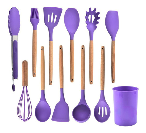 12 Utensilio Cocina Silicona Soporte Asa Madera Al Bpa