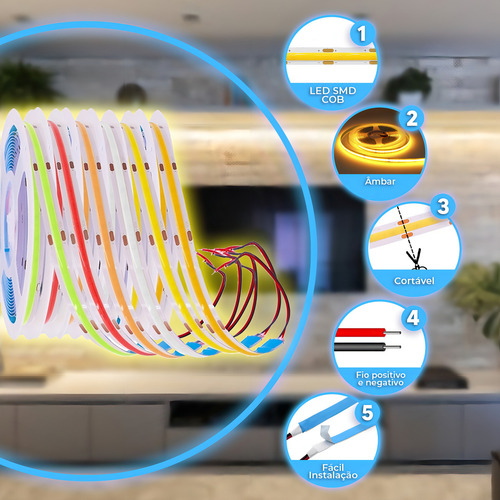 Luminario De Fita Micro Led Cob 5m 30w/m 12v Ip20 Super Brilho Ambar Com Fonte Alimentaçao