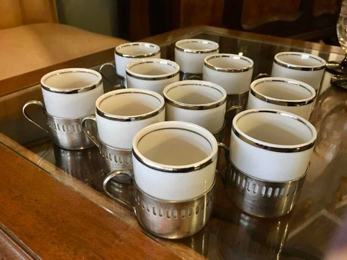 Tazas De Café Porcelana Con Montura De Metal Antiguas Doce (Usado)