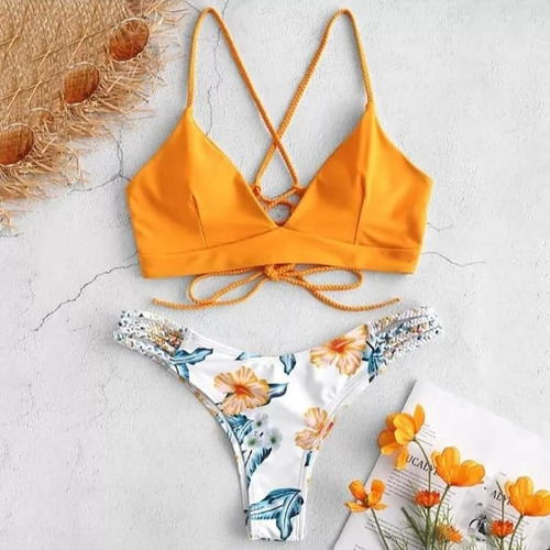 Traje De Baño Naranja Con Bikini Sexy Floral