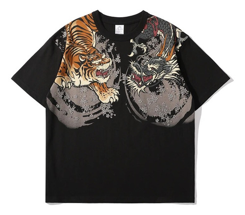 Camiseta Vintage Con Estampado De Dragón Tigre De Estilo Jap