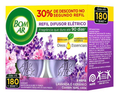 2x Refil Para Difusor De Aromas Elétrico Bom Ar Lavanda 16ml