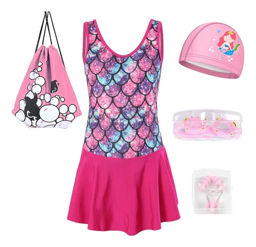 . Traje De Baño For Niña Una Pieza De Sirena Con Gorra 6pcs