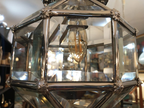 Imagen 4 de 7 de Antiguo Farol De Metal Plateado Y Vidrios Biselados