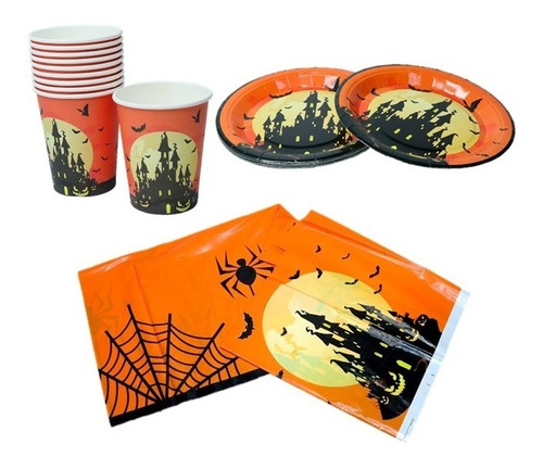 Decoración Halloween Noche De Brujas Mantel Plato Vaso X10pc