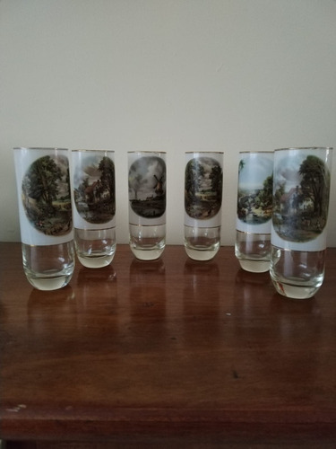 Juego De 6 Vasos Decorativos Vintage Paisajes Filo Dorado