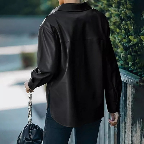Camisa Casual De Chaqueta De Cuero Para Mujer Con Botones