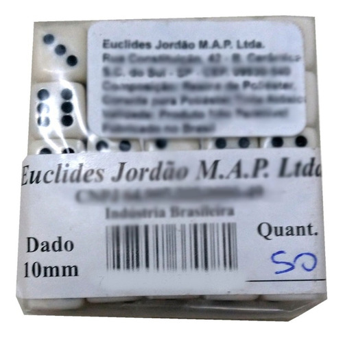 Jogo De Dados 10mm (1cm) Euclides Jordão - 50 Unid. C/ Cor Branco