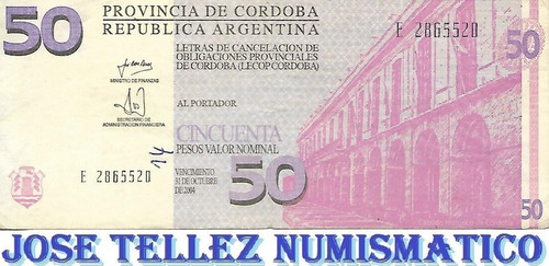 Ec# 304 Bono 50 Pesos Cordoba Serie E Año 2002 Mb Palermo (Usado)