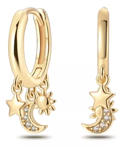 Aretes de Oro 14k Largos con Cadena, Estrella, Sol y Luna Satinados