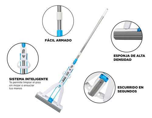 Mopa Mágica Escurrido Fácil Trapeador Limpieza + 4 Repuestos Color Celeste