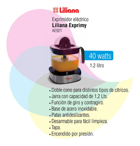 Imagen 2 de 5 de Exprimidor Eléctrico Liliana Exprimy Ae921 1.2l 40w