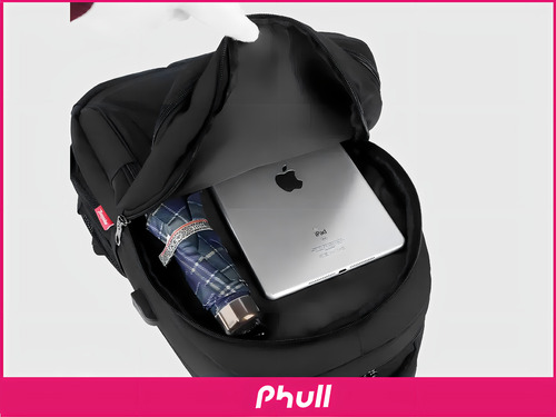 Mochila Phull Porta Notebook 17'' Impermeable Con Puerto Usb Urbana Amplia Capacidad Reforzada - Color Negro