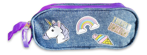 Estojo Escolar Duplo Jeans Unicornio Cor Roxo