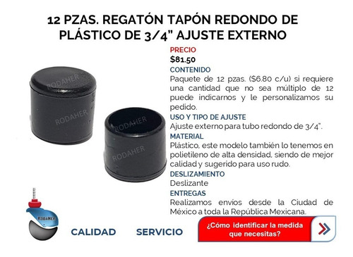 Regatón Tapón Redondo Plástico De 3/4 Ajuste Externo Paq. 12