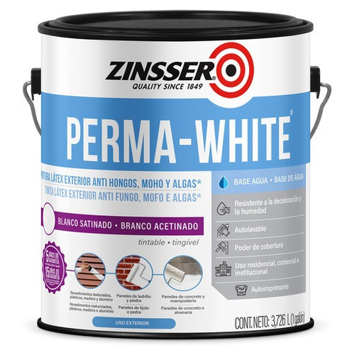 Pintura Látex Exterior Antihongos Zinsser Perma White 3.78lt