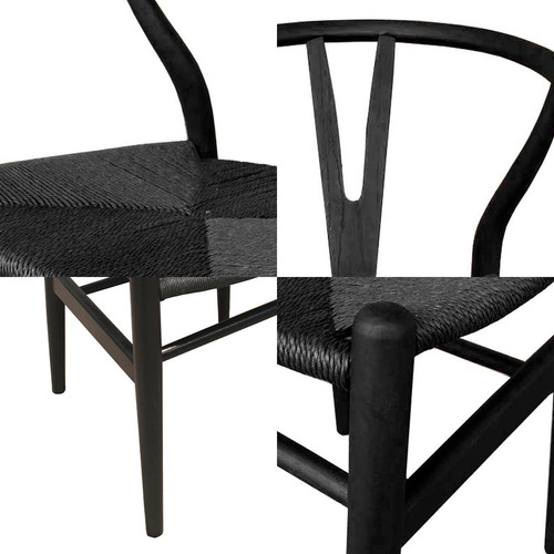 Pack 2 Sillas De Comedor Wishbone De Madera Estructura De La Silla Negro Asiento Negro Diseño De La Tela Tejido