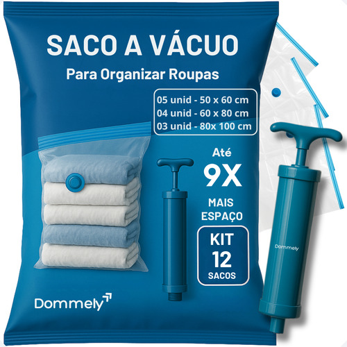 Kit 12x Saco À Vacuo Embalagem Organizador De Malas Viagem Roupas Edredom Reutilizável Dommely Tamanhos 5x 50x60 4x 60x80 3x 80x100