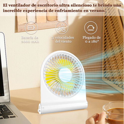 Sjrohe Ventilador De Mini Recargable Ventilado Portátil Base Y Mano Ventilador Mini Silencioso De Escritorio Portatil Recargable Usb 2000mah 3 Cuchillas 3 Marchas, 3 Velocidades Color Blanco
