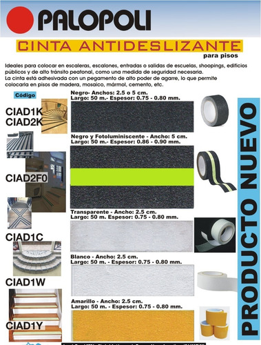 Cinta Antideslizante 2,5cm X 50m Amar, Bco, Neg, Tr Palopoli