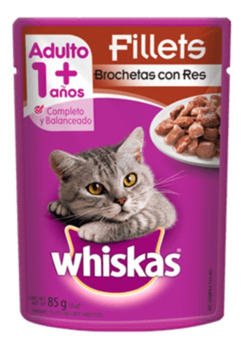 Imagen 1 de 1 de Alimento Whiskas 1+ para gato adulto sabor filetes de carne en brochetas en sobre de 85g