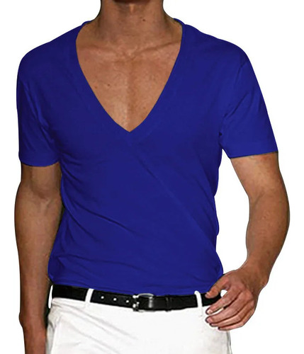 Camiseta Casual Ajustada Con Cuello En V Color Sólido Hombre