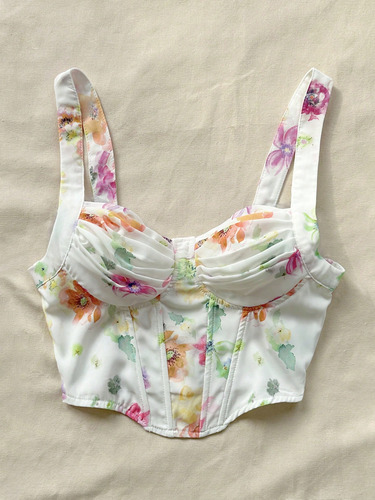 Top Corto De Con Estampado De Flores Acuarela, Perfecto Par