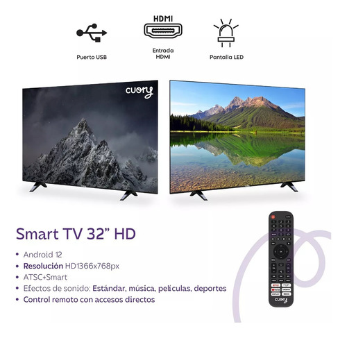 Smart TV pantalla 32 pulgadas Cuory Android TV DLED HD Bluetooth Dolby Audio - Excelente (Reacondicionado)