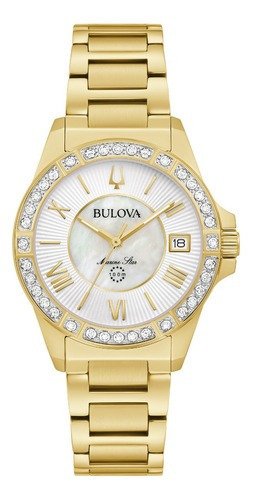 Reloj Bulova 98r294 Marine Star Para Dama Original E-watch Color de la correa Dorado Color del bisel Dorado con diamantes Color del fondo Madre Perla Blanca