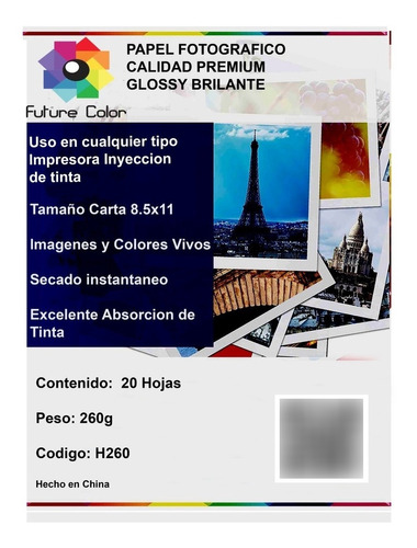 Papel Fotográfico Premium Glossy 8.5*11 Carta 260gr 20 Hojas