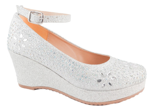 Zapatillas Princesa Tacon Brillante Plata Glitter Fiesta 021