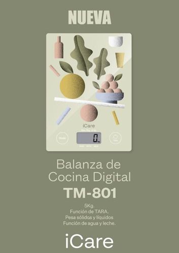 Imagen 2 de 4 de Balanza De Cocina Icare Tm-801 Digital 5kg Uso Domestico