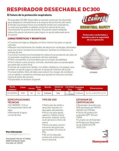 Imagen 6 de 6 de Mascarilla N95 Honeywell Dc300 Niosh Caja Con 20 Piezas