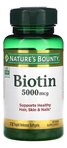 Nature's Bounty, Biotina, 5,000 mcg, 72 cápsulas blandas de liberación rápida, Apoya la salud del cabello, la piel y las uñas, Soporte de energía celular