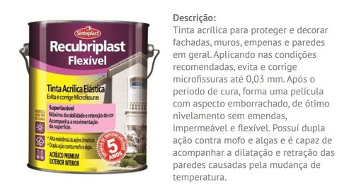 Imagem 2 de 2 de Tinta Acrílica Elástica Recubriplast Flexível 18 Lt