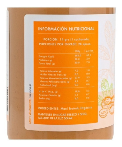 Mantequilla De Mani 360 Gr / 100% Organica Maní / Manare